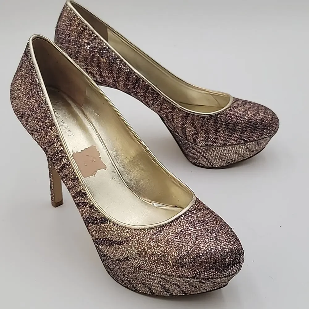 NINE WEST sz9.5 Mendoza Platform Glitter Tiger Stripe Stilettos BLINGGGGG